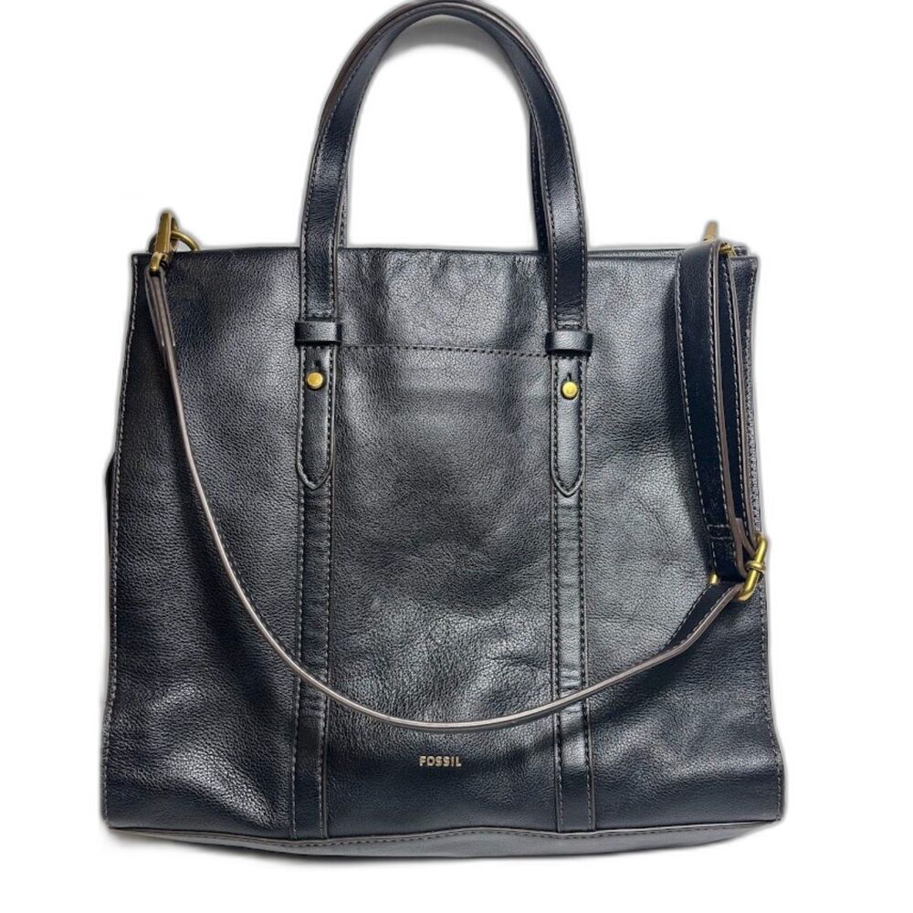 FOSSIL Kingston Bag Pebble Grain Black Double Strap Tote Convertible Work Purse